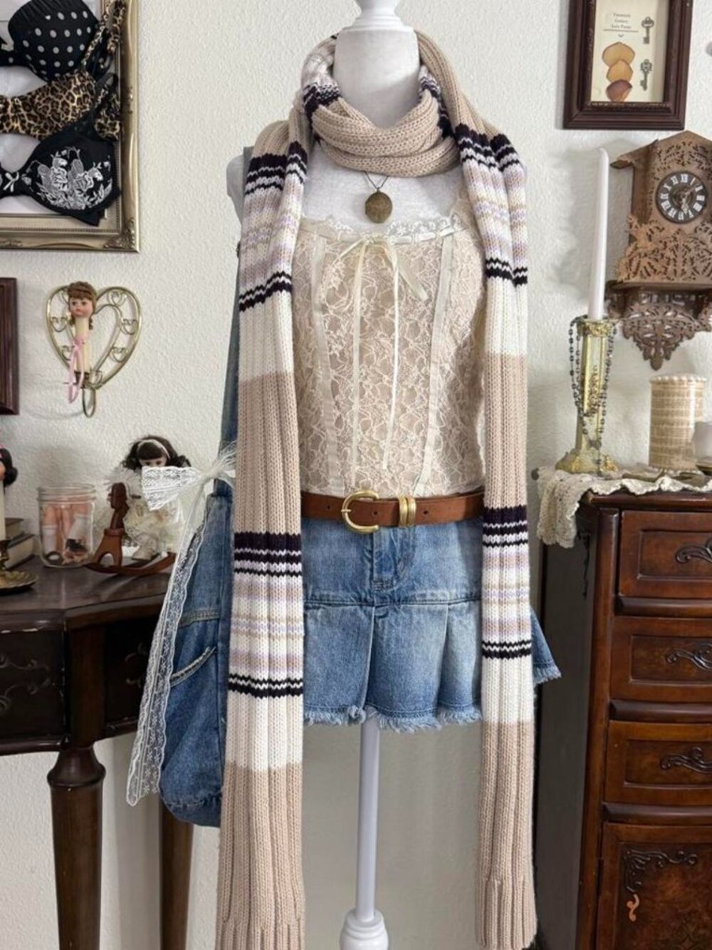 90’s preppy cozy girly grunge striped knit scarf
